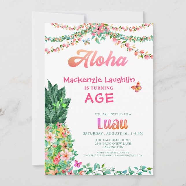 Invitation ALOHA Luau Tout Anniversaire Aiguille florale trop (Devant)