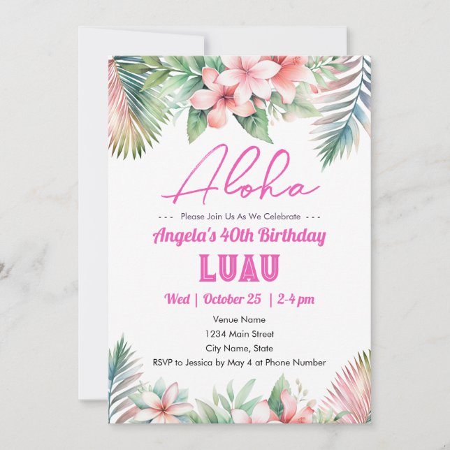 Invitation Aloha Luau Tropical Adulte Anniversaire (Devant)