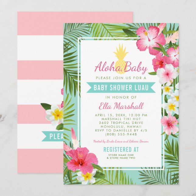 Invitation Aloha Pink Baby shower floral tropical Luau (Devant / Derrière)