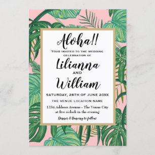 Invitation Aloha Pink Hawaiian Tropical Feuilles Beach Mariag