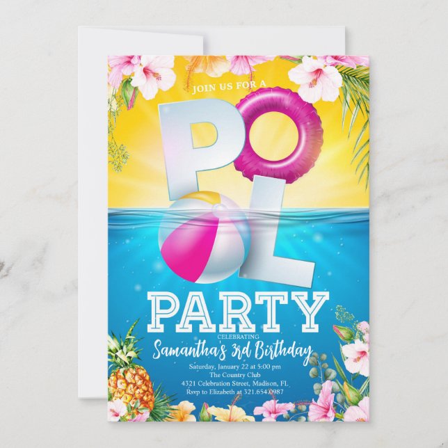 Invitation Aloha Pool Party Floral Anniversaire (Devant)