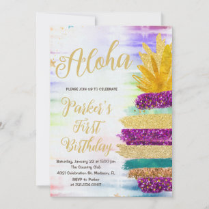 Invitation Aloha Purple Gold Rainbow Anniversaire
