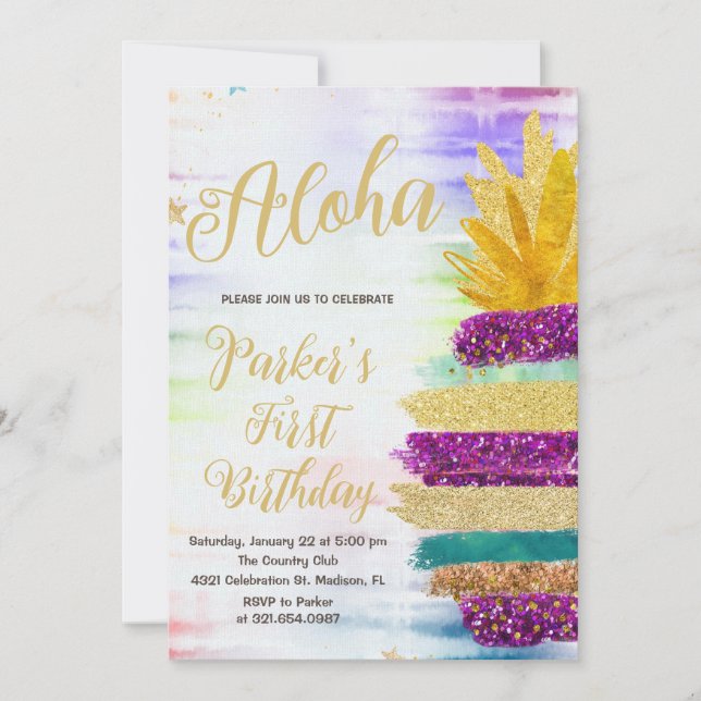 Invitation Aloha Purple Gold Rainbow Anniversaire (Devant)