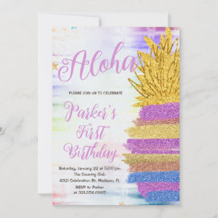Invitation Aloha Purple Gold Rainbow Anniversaire