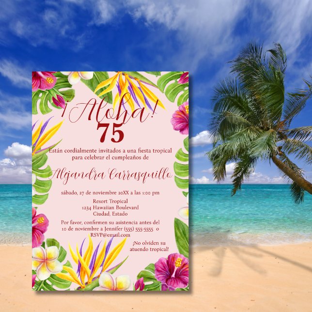 Invitation Aloha rose hawaïen espagnol Elégant 75ème annivers (Créateur téléchargé)