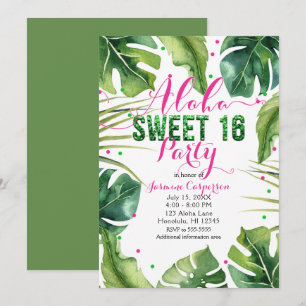 Invitation ALOHA SWEET 16 Seize Feuilles tropicaux vert rose