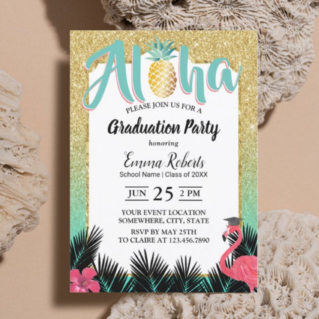 Invitation Aloha Tropical Ananas Parties scintillant Or Gradu (Créateur téléchargé)