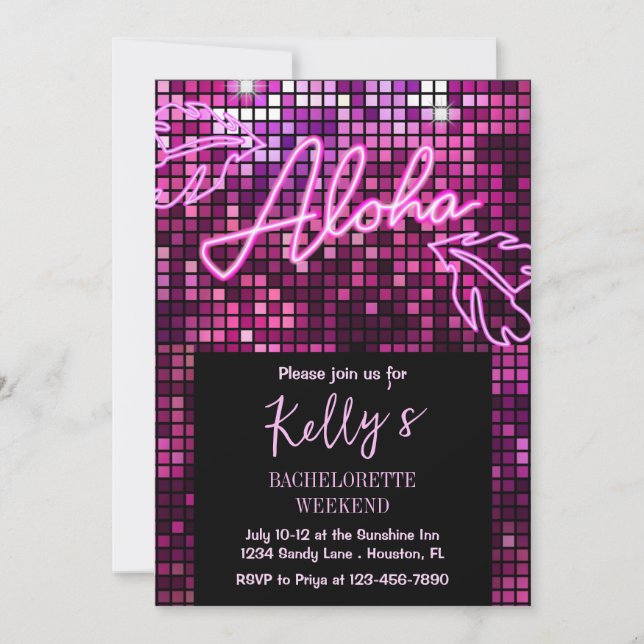 Invitation Aloha Tropical Disco Bachelorette Week-end Neon (Devant)