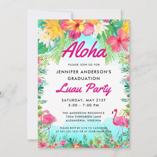 Invitation Aloha Tropical Flamant rose Luau (Devant)
