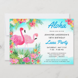 Invitation Aloha Tropical Flamant rose Luau Anniversaire