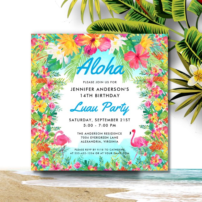 Invitation Aloha Tropical Flamant rose Luau Carré de la fête  (Créateur téléchargé)