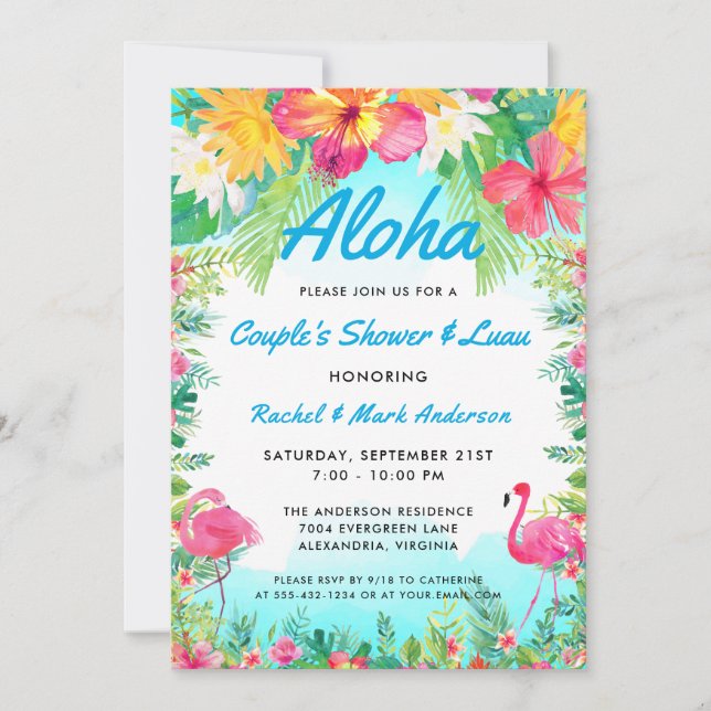 Invitation Aloha Tropical Flamant rose Luau Couple Douche (Devant)