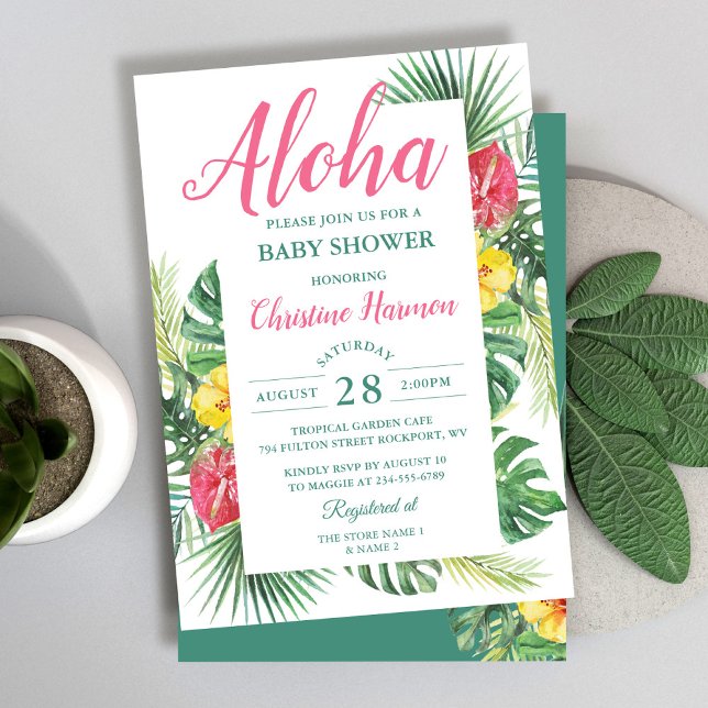 Invitation Aloha Tropical Floral Baby shower rose (Créateur téléchargé)