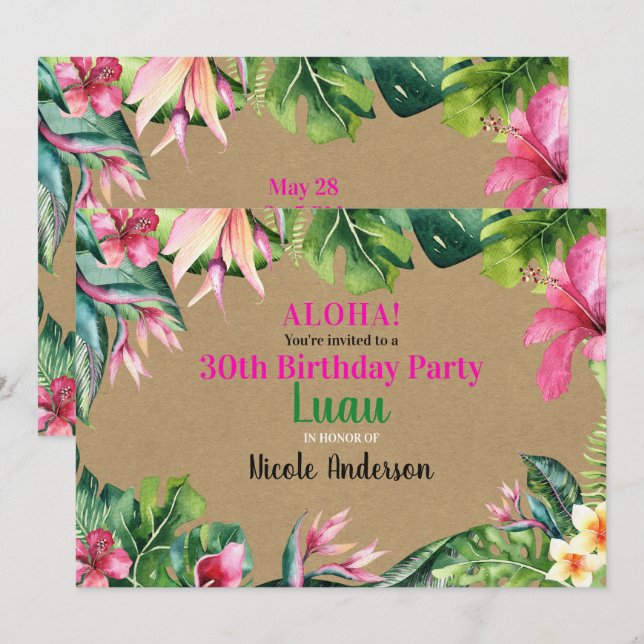 Invitation Aloha Tropical Floral Luau Kraft fête d'anniversai (Devant / Derrière)