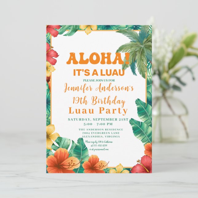 Invitation Aloha Tropical Hawaiian Floral Luau fête d'anniver (Debout devant)