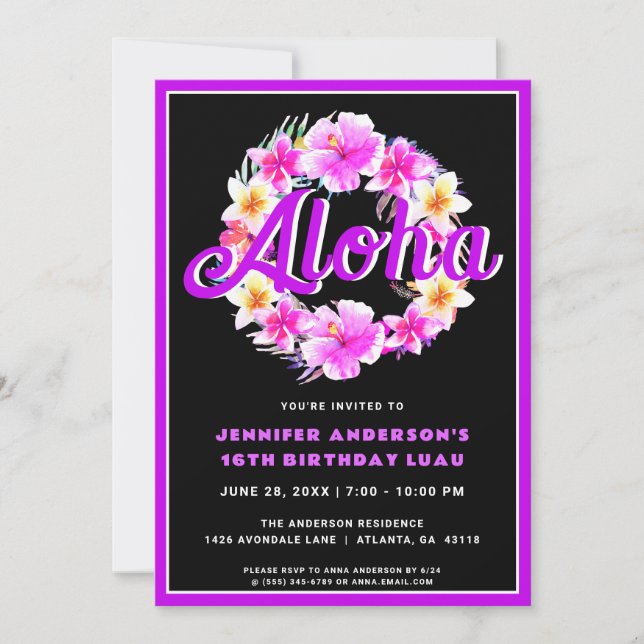 Invitation Aloha Tropical Luau Neon Violet Anniversaire (Devant)