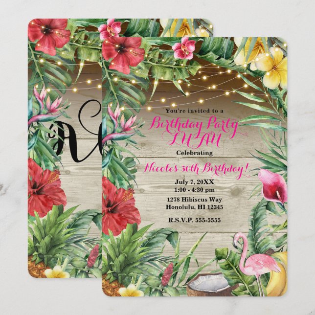 Invitation Aloha Tropical Wood Floral Feuilles & Lumières Lua (Devant / Derrière)