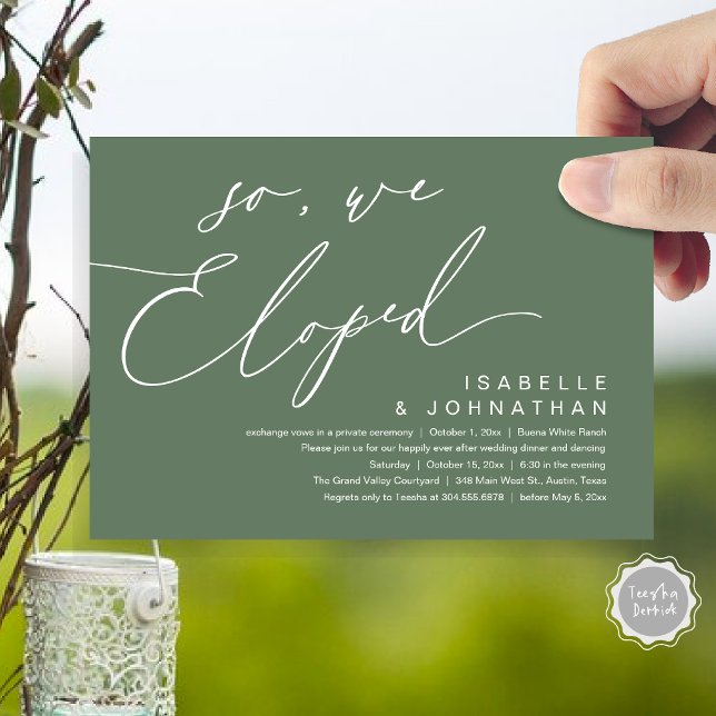 Invitation Alors, nous nous sommes enfuis, dîner de fête de m (So, We Eloped, Modern Romantic Wedding Dinner Brunch Lunch Party Invitation Card PDF Sage Green)