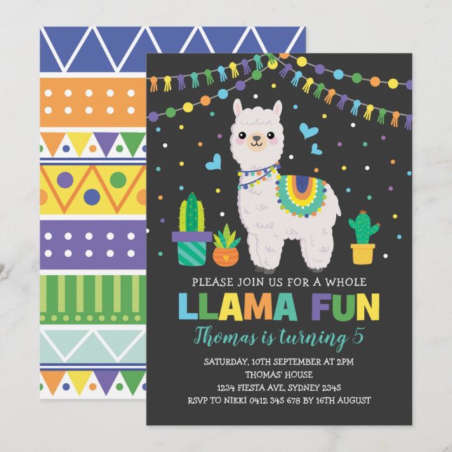 Invitation Alpaga coloré de fiesta de fête (Devant / Derrière)