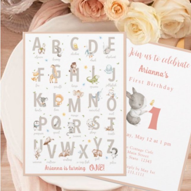 Invitation Alphabet animal moderne Blush ABC premier annivers (Créateur téléchargé)