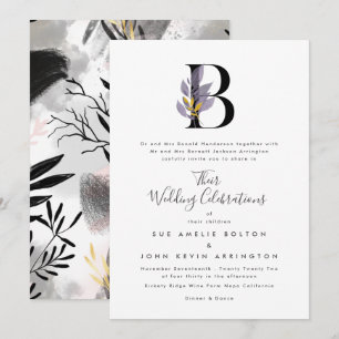 Invitation Alphabet d'or mauve moderne "B" Mariage de monogra