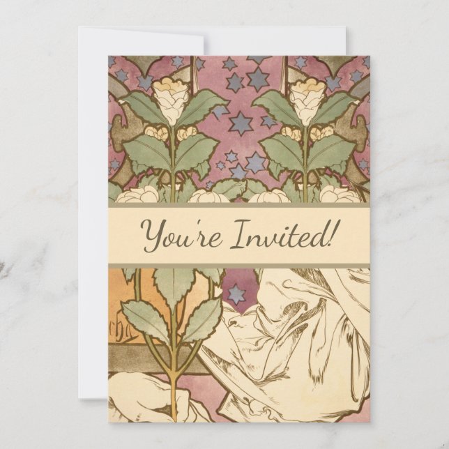 Invitation Alphonse Mucha Elegant Art Nouveau Stars Camellia  (Devant)