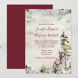 Invitation Alpine Mountain Woodland Stag Bourgogne Mariage  