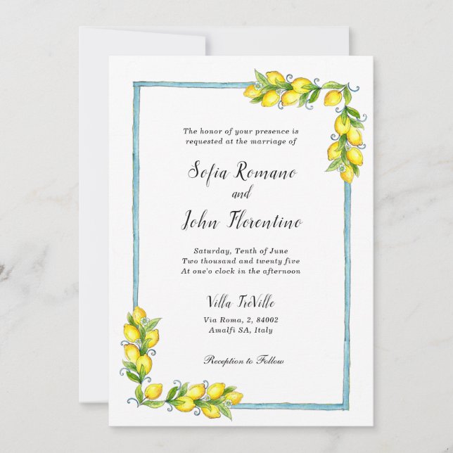 Invitation Amalfi aquarelle Citrons mariage vintage (Devant)