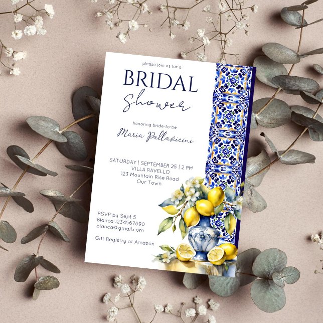 Invitation Amalfi bleu italien tuiles citrons nuptiale douche (Amalfi Positano Mediterranean themed bridal shower editable template invitation digital download )