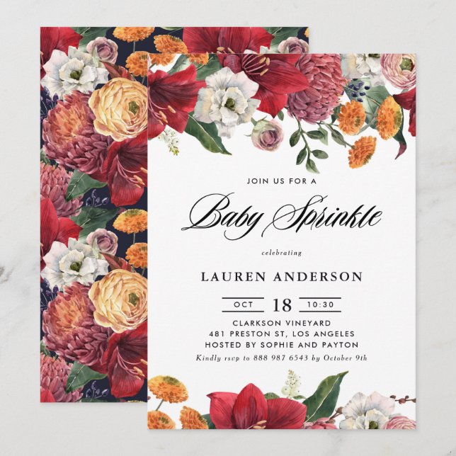 Invitation Amaryllis botanique et mamans Floral Baby Sprinkl (Devant / Derrière)