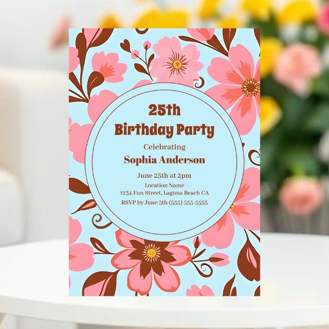 Invitation Ambiance florale rose - Fleurs Pastel Vibes-Retro (Pink Floral Mood – Pastel Vibes Invitation-Birthday Party Invitation)