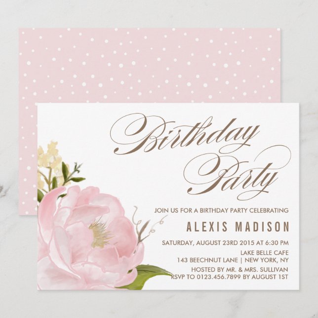 Invitation Ambiance romantique Aquarelle Peony Flower (Devant / Derrière)