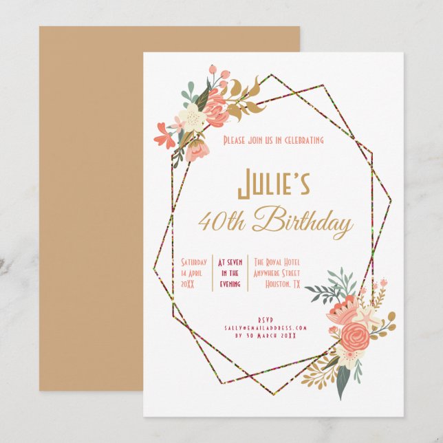 Invitation Ambrose Coral Cadre géométrique Floral 40e anniver (Devant / Derrière)
