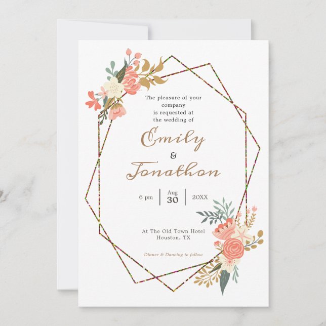 Invitation Ambrose Coral Floral Mariage de cadre géométrique (Devant)