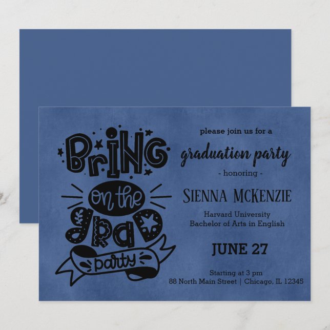 Invitation Amène à la grande fête - Bleu (Devant / Derrière)