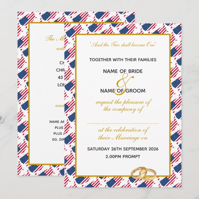 Invitation AMERICA USA avec Mariage de script en or Faux (Devant / Derrière)