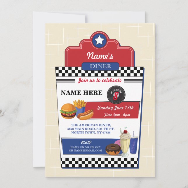 Invitation American Diner Birthday Party Burger 1950 Invitati (Devant)