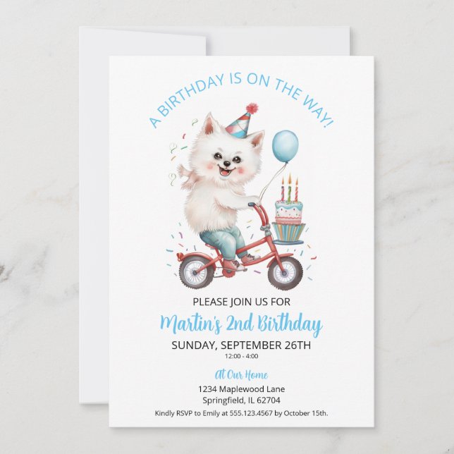 Invitation American Eskimo Bike avec gâteau 2e fête d'anniver (Devant)