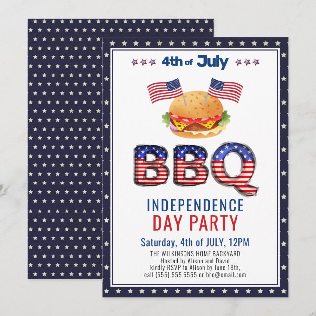Invitation American Flag Red White Blue 4 juillet BBQ Party (Devant / Derrière)