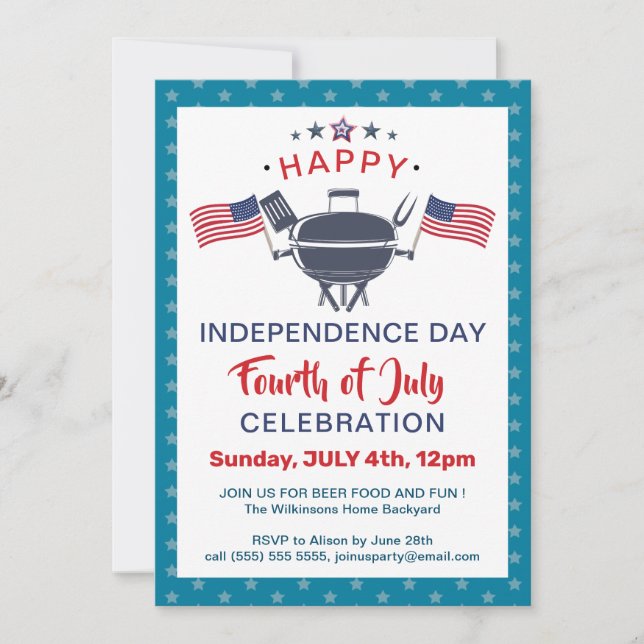 Invitation American Flag Red White Blue 4 juillet BBQ Party (Devant)