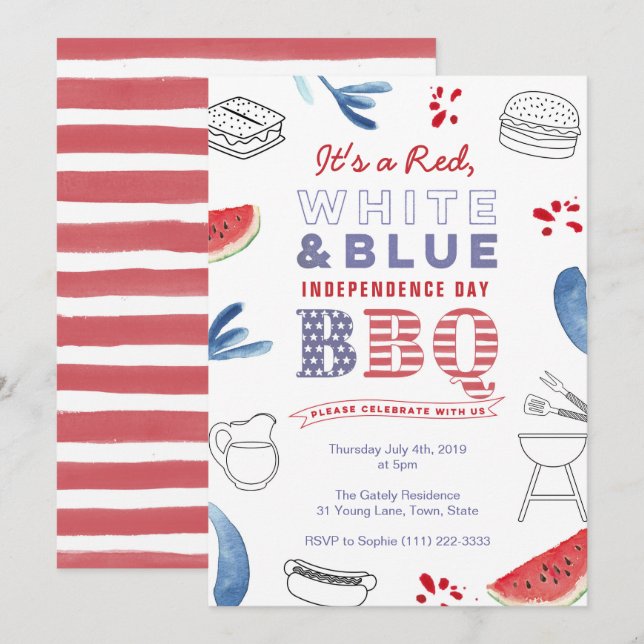 Invitation American Holidays BBQ Party Rouge Blanc Bleu (Devant / Derrière)