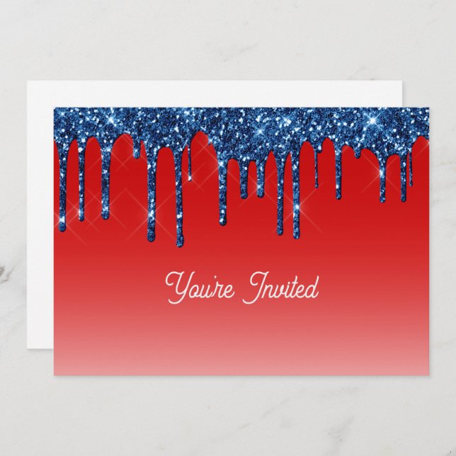 Invitation Americana Red Blue Glitter Drip Birthday (Devant / Derrière)