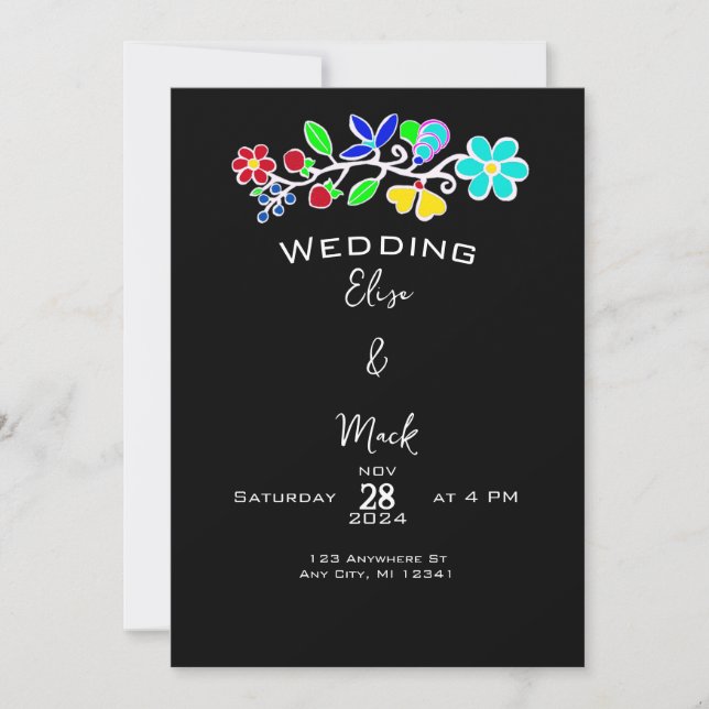 Invitation Amérindien Anishinaabe Floral Black Mariage (Devant)
