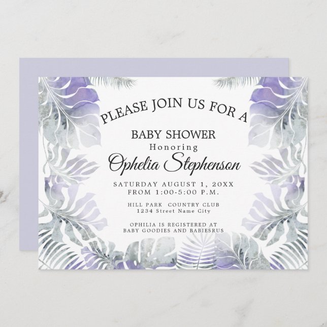 Invitation Amethyst Plum Botanique Turquoise Aquarelle Douche (Devant / Derrière)