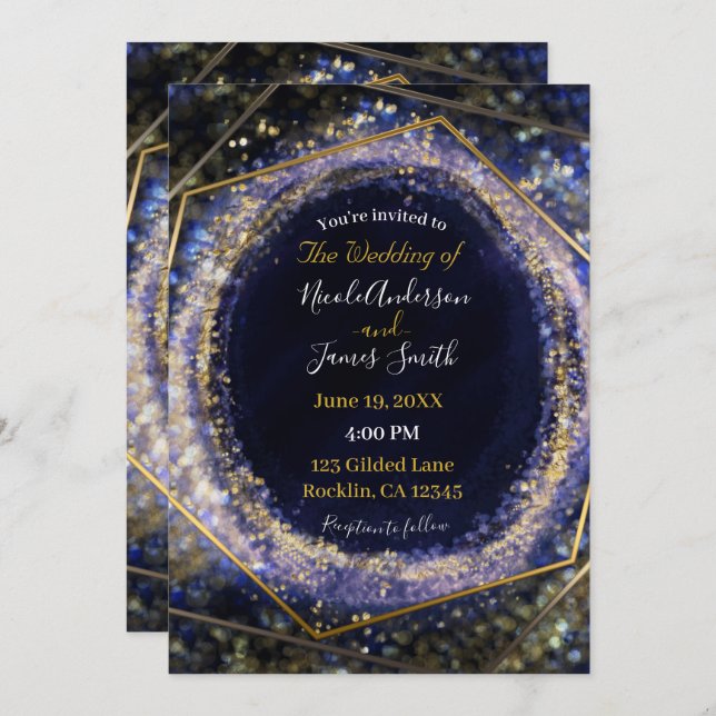 Invitation Amethyst Purple Gold Moderne Abstrait Mariage de g (Devant / Derrière)