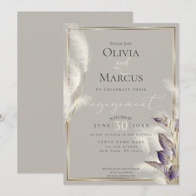 Invitation Améthyste Anthurium et Pampas de plumes Grass (Devant / Derrière)