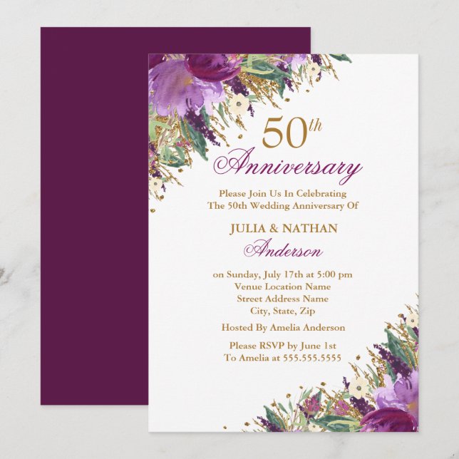 Invitation Améthyste Fleurie Violet Étincelant 50e Anniversai (Devant / Derrière)