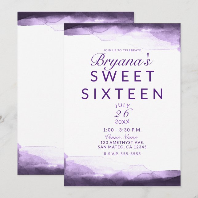 Invitation Améthyste Plum violet moderne Chic Sweet 16 Partie (Devant / Derrière)