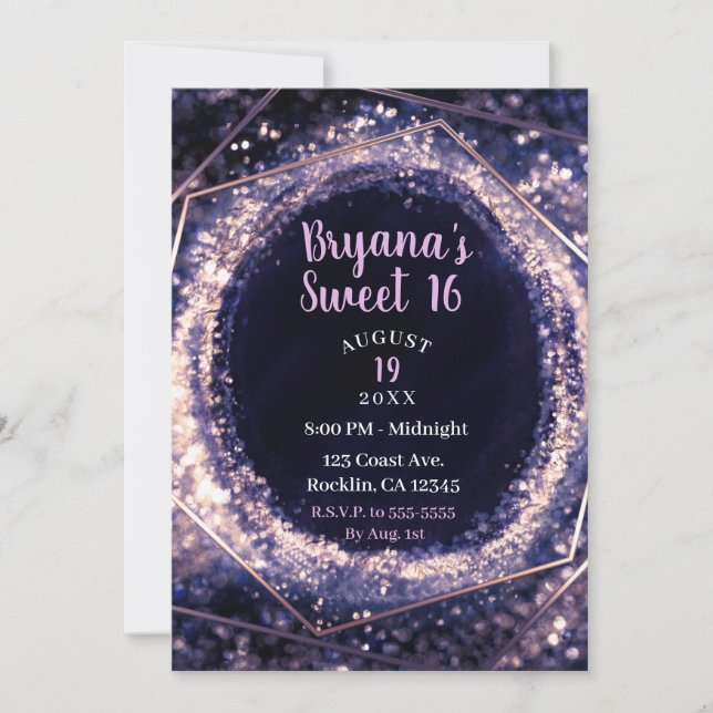 Invitation Améthyste Purple Abstrait moderne Glam Sweet 16 (Devant)