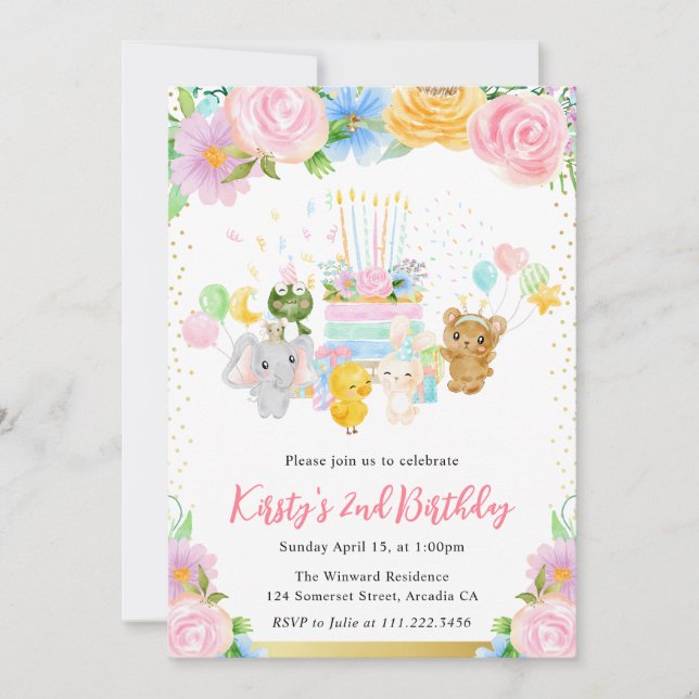Invitation Amis de l'Aile Floral Cute Animal Anniversaire (Devant)